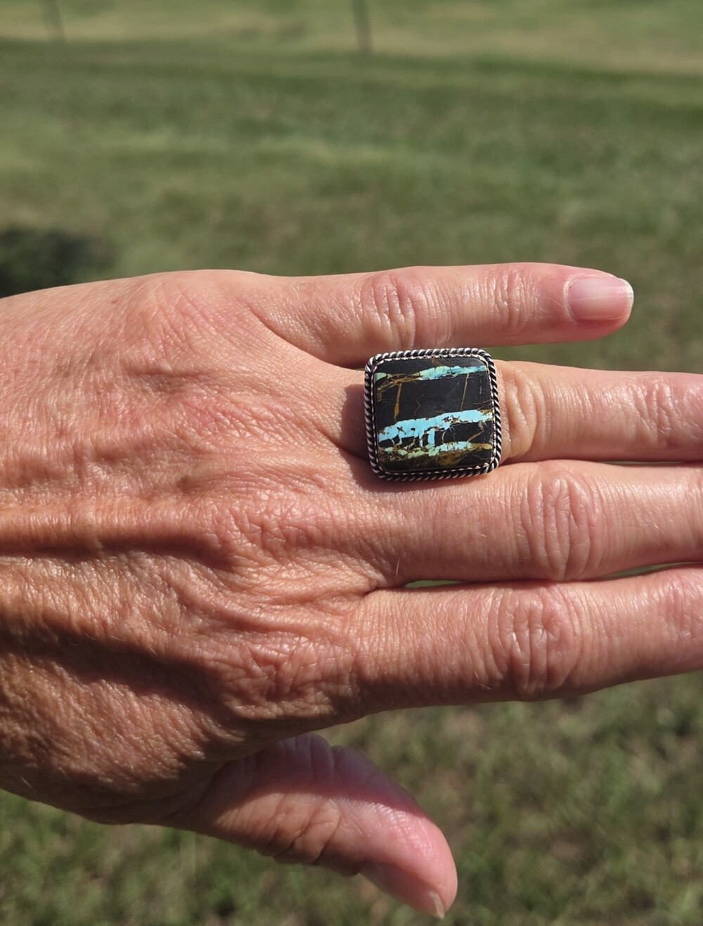 Navajo Sunshine Reeves Black Jack Turquoise Sterling Ring Size 7